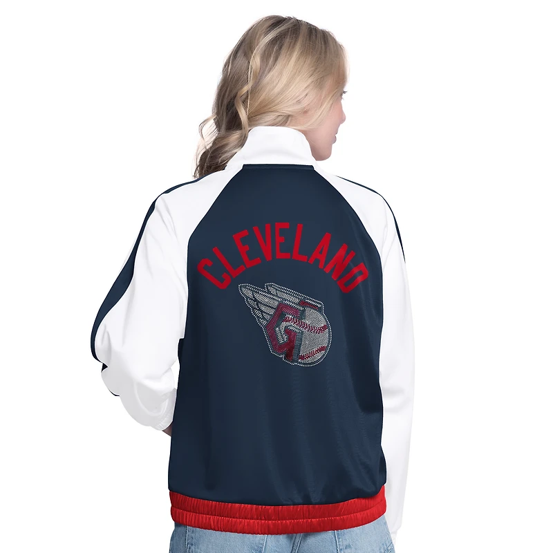 Women's G-III Sports by Carl Banks  White/Navy Cleveland Guardians Rally Rhinestone Raglan Full-Zip Track Jacket