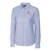 Chemise boutonnée à manches longues en tissu Oxford extensible bleu clair pour femme, avec logo Americana des Cleveland Guardians, Cutter & Buck