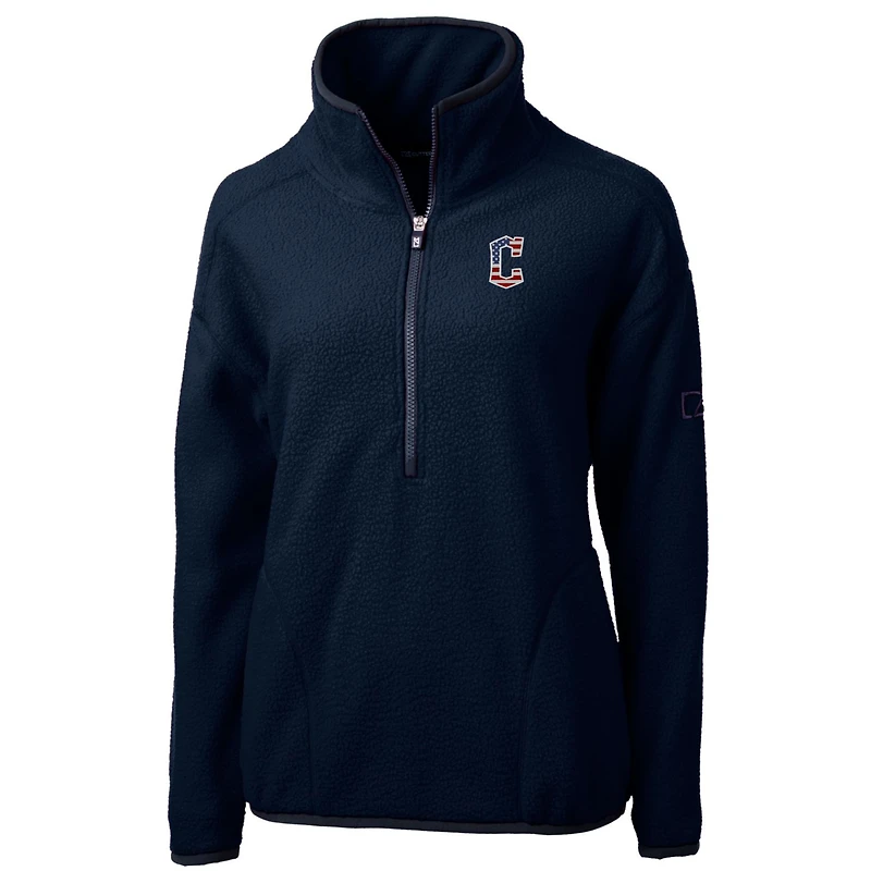 Veste polaire demi-zippée en sherpa écologique avec logo Americana Cascade pour femme, bleu marine, Cutter & Buck, Cleveland Guardians