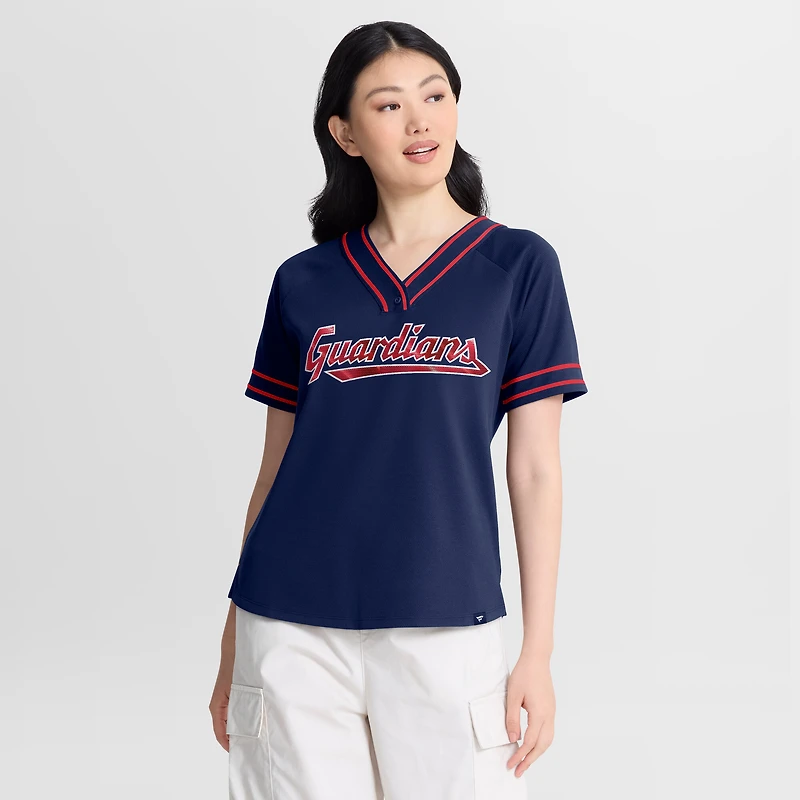 Women's Fanatics Navy Cleveland Guardians Diva Race Ahead Raglan V-Neck T-Shirt