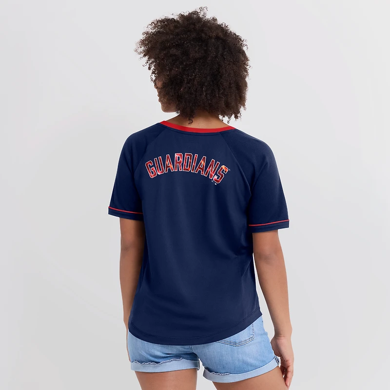 Women's Fanatics Navy Cleveland Guardians League Diva Star Raglan V-Neck T-Shirt