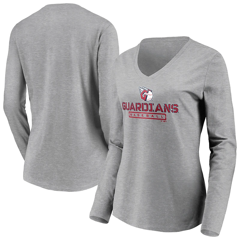Women's  Gray Cleveland Guardians Evanston Stencil Long Sleeve V-Neck T-Shirt