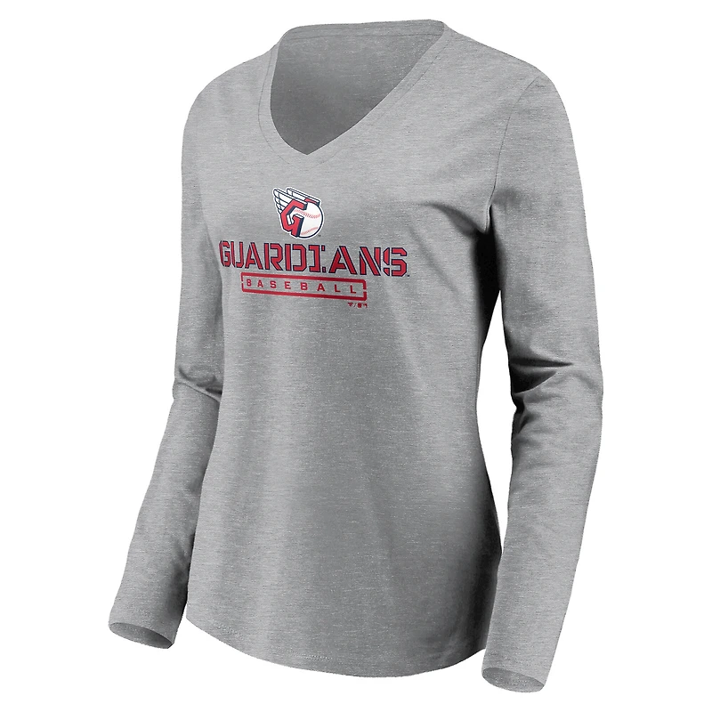 Women's  Gray Cleveland Guardians Evanston Stencil Long Sleeve V-Neck T-Shirt
