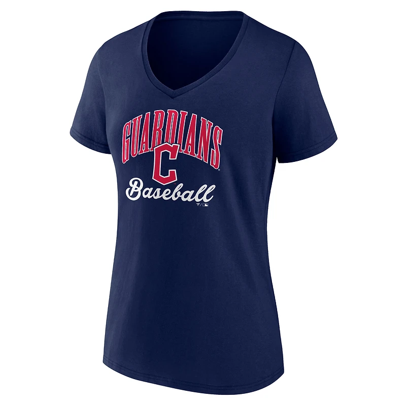 T-shirt à col en V pour femme, bleu marine, Cleveland Guardians, avec inscription « Victory Script ».