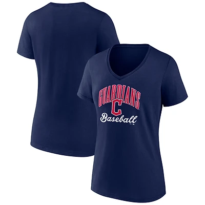 T-shirt à col en V pour femme, bleu marine, Cleveland Guardians, avec inscription « Victory Script ».