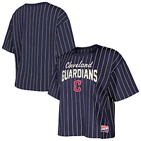 T-shirt court à rayures multiples bleu marine Cleveland Guardians Cooperstown Collection pour femme New Era