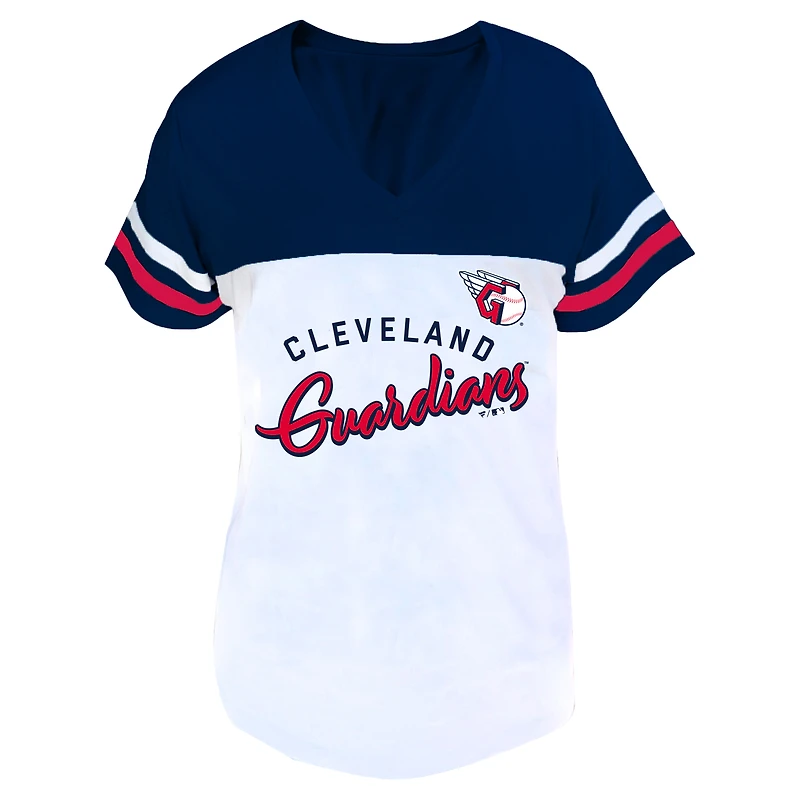 Women's Profile White/Navy Cleveland Guardians Plus Two-Stripe V-Neck T-Shirt