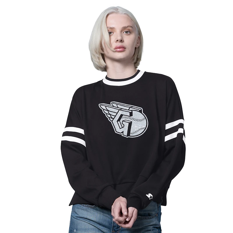 Sweat-shirt ras du cou court et noir à épaules tombantes pour femme des Cleveland Guardians Rally