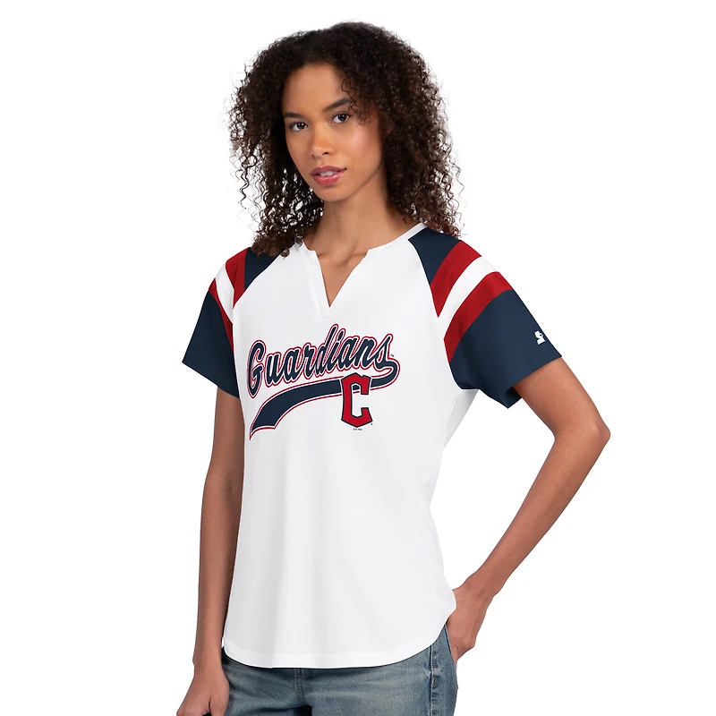 Women's Starter White Cleveland Guardians Game On Notch Neck Raglan T-Shirt