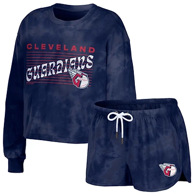 Women's WEAR by Erin Andrews Navy Cleveland Guardians Sweat court tie-dye Pullover & Shorts Lounge Set