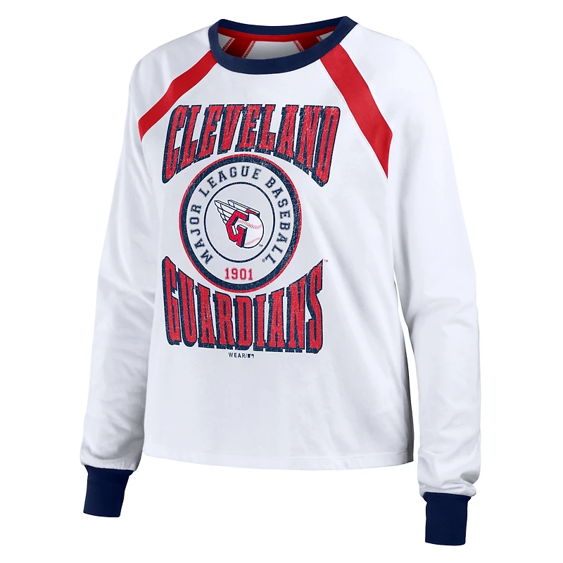 Women's WEAR by Erin Andrews White Cleveland Guardians Raglan Long Sleeve T-Shirt
