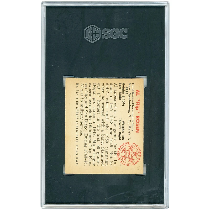 Al Rosen Cleveland Indians 1950 Bowman No Copyright Line #232 SGC Authenticated 6 Rookie Card