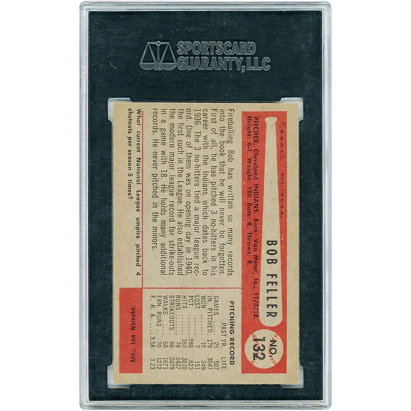 Bob Feller Cleveland Indians 1954 Bowman #132 SGC Authenticated 7 Card