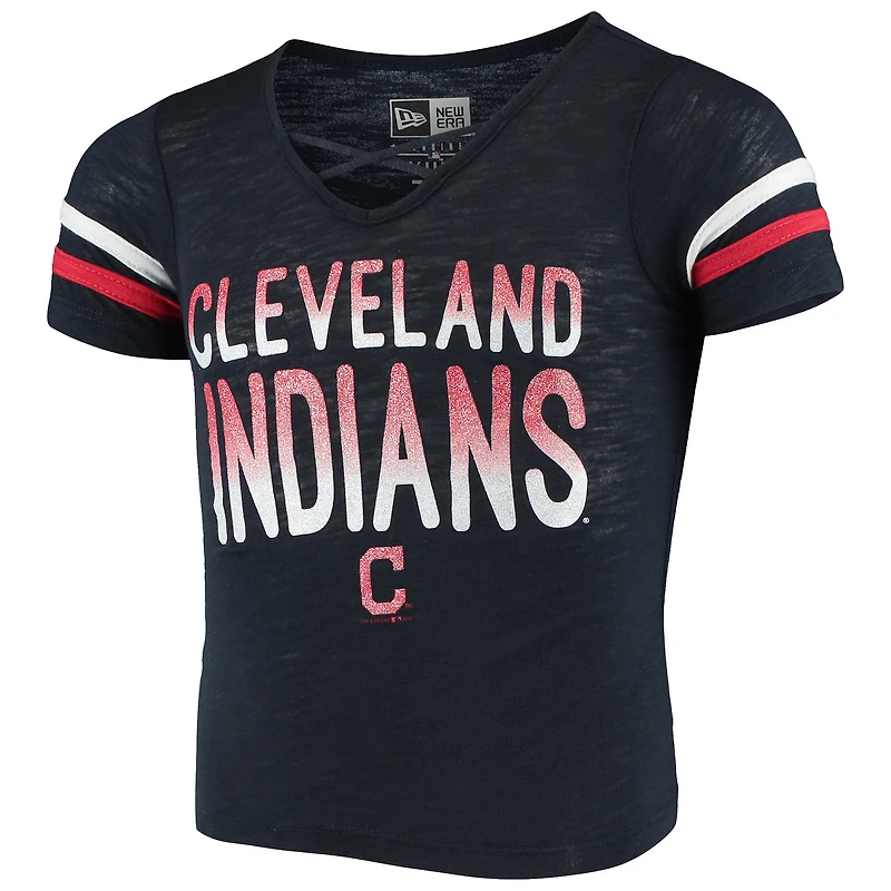T-shirt à col en V jersey flammé New Era Indians de Cleveland bleu marine pour fille