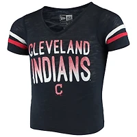 T-shirt à col en V jersey flammé New Era Indians de Cleveland bleu marine pour fille