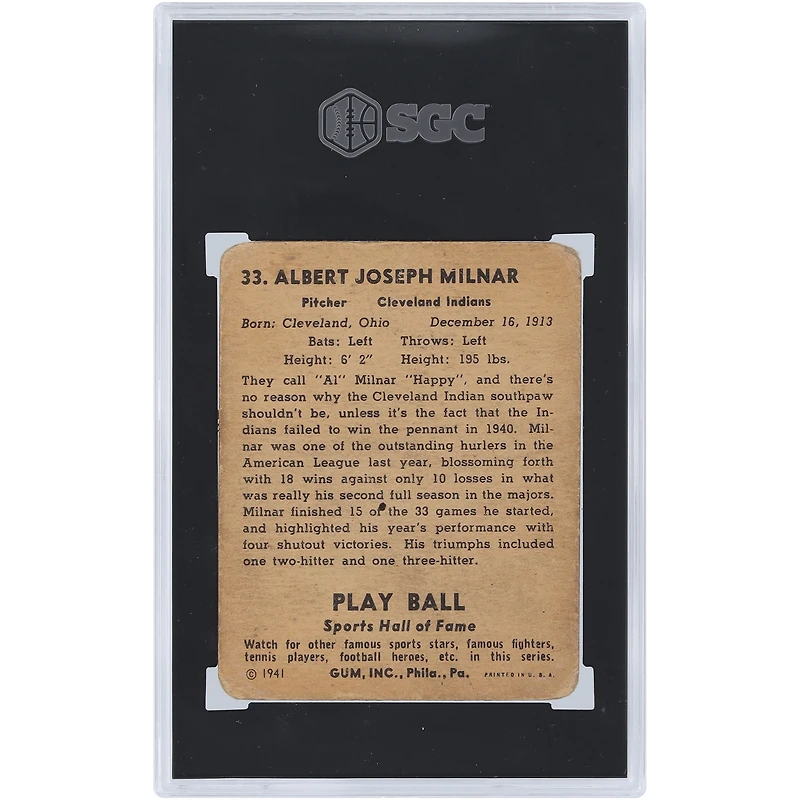 Happy Milnar Cleveland Indians 1941 Play Ball #33 SGC Authenticated 1.5 Card