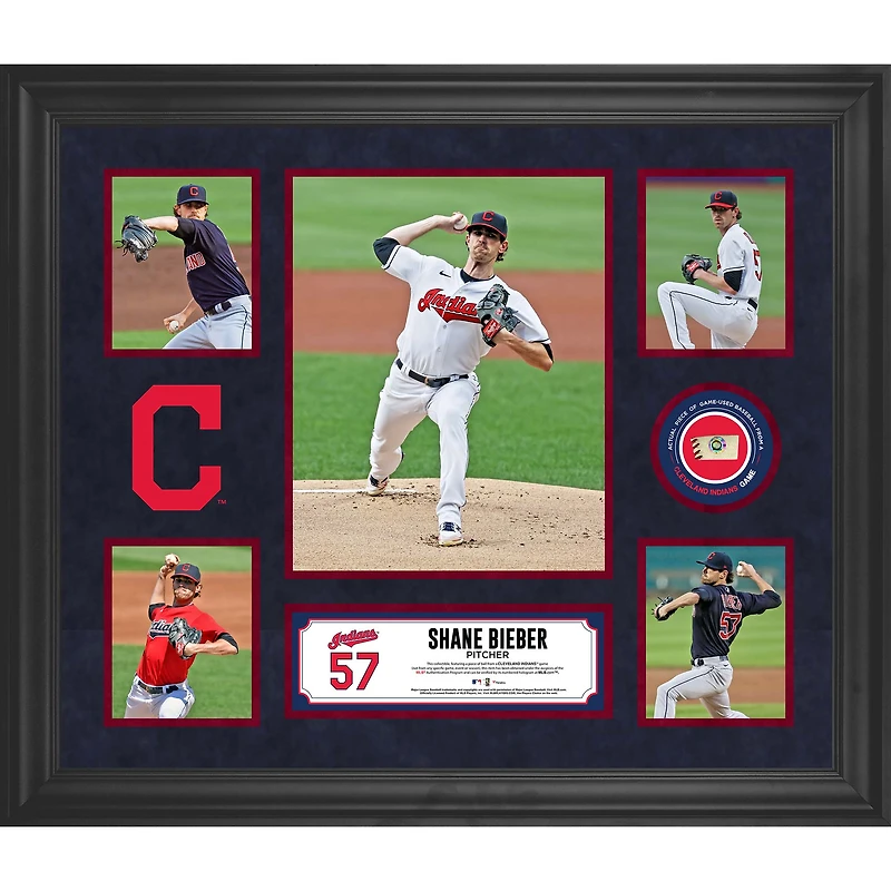 Collage encadré de 5 photos de Shane Bieber des Cleveland Indians avec un morceau de ballon utilisé lors du match