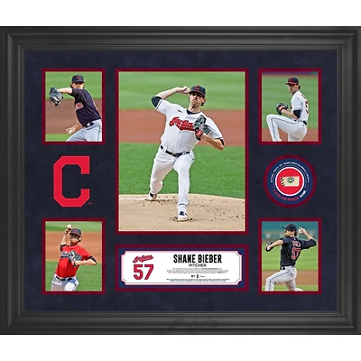 Collage encadré de 5 photos de Shane Bieber des Cleveland Indians avec un morceau de ballon utilisé lors du match