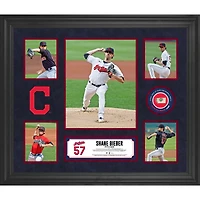 Collage encadré de 5 photos de Shane Bieber des Cleveland Indians avec un morceau de ballon utilisé lors du match