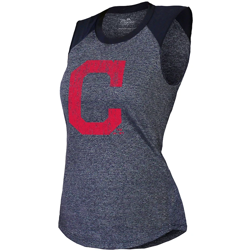 Majestic Threads - Débardeur raglan à trois mélanges bleu marine Cleveland Indians pour femme