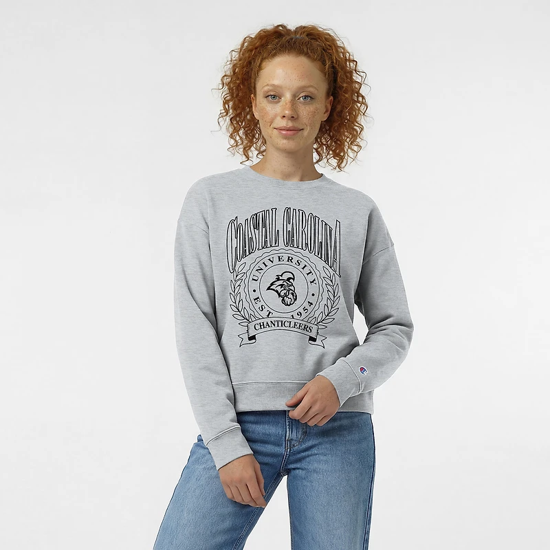 Sweat-shirt à col rond Champion pour femme, gris chiné, écusson académique Coastal Carolina Chanticleers, Powerblend