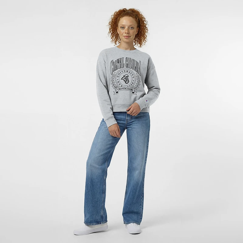 Women's Champion Heather Gray Coastal Carolina Chanticleers Academic Crest Powerblend Crewneck Sweatshirt