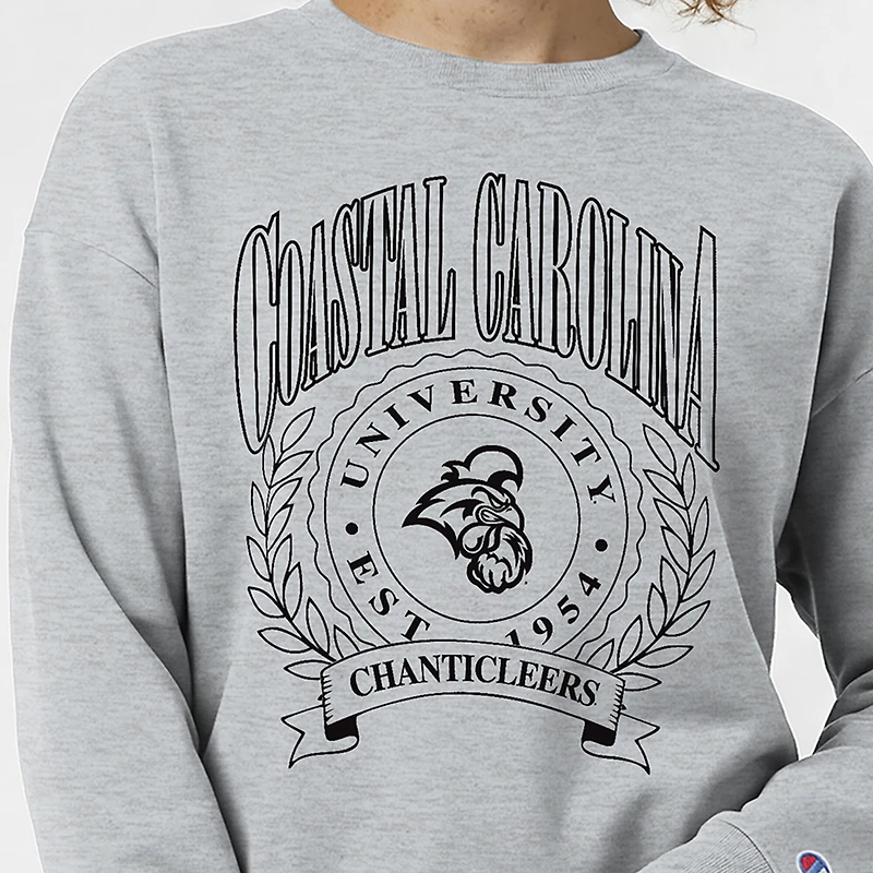 Sweat-shirt à col rond Champion pour femme, gris chiné, écusson académique Coastal Carolina Chanticleers, Powerblend