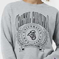 Sweat-shirt à col rond Champion pour femme, gris chiné, écusson académique Coastal Carolina Chanticleers, Powerblend