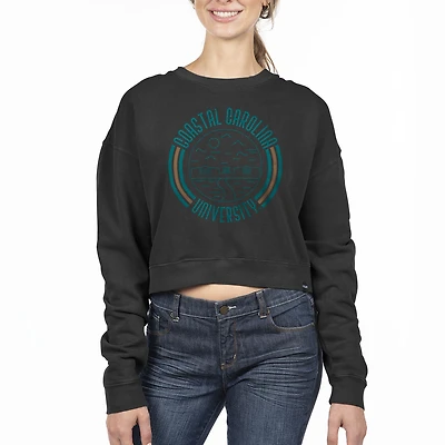 Sweat-shirt court à col rond Uscape Apparel pour femme, noir, motif Chanticleers Circle de Coastal Carolina