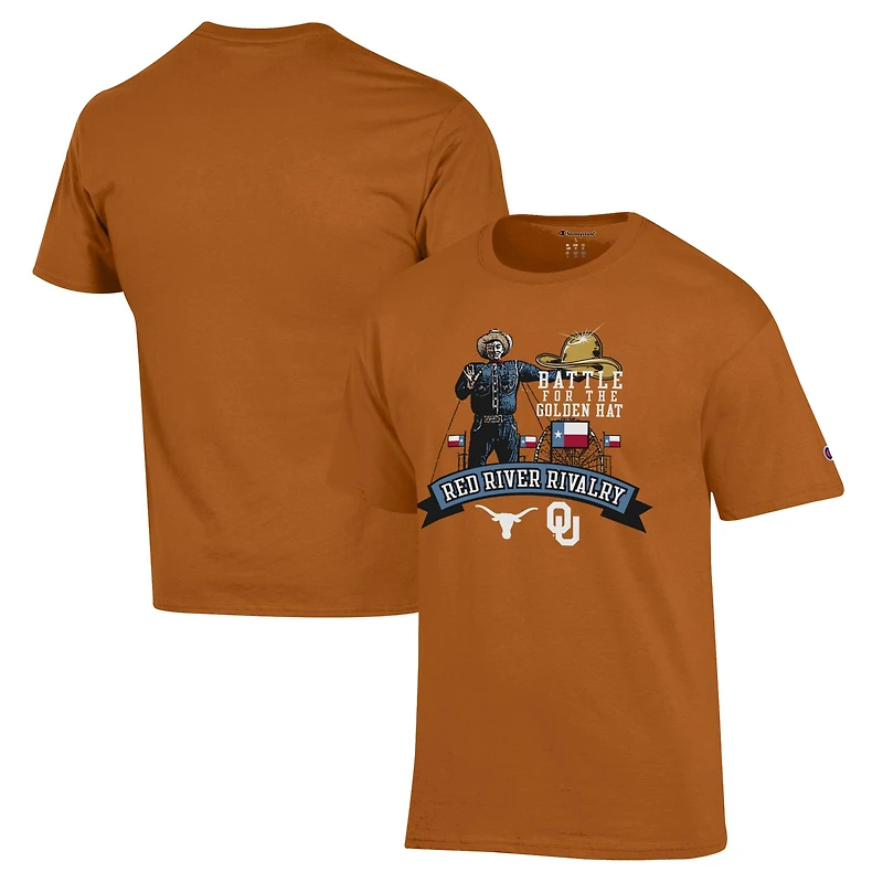 Men's Champion Texas Orange Longhorns vs. Oklahoma Sooners Red River Rivalry Big Tex Battle For The Golden Hat T-Shirt
