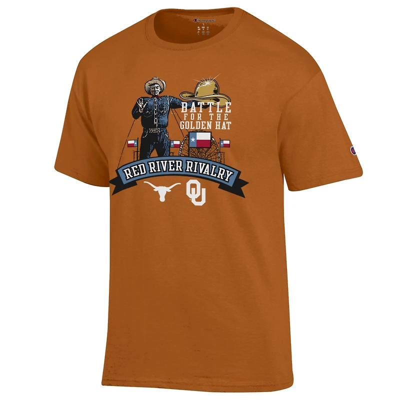 Men's Champion Texas Orange Longhorns vs. Oklahoma Sooners Red River Rivalry Big Tex Battle For The Golden Hat T-Shirt