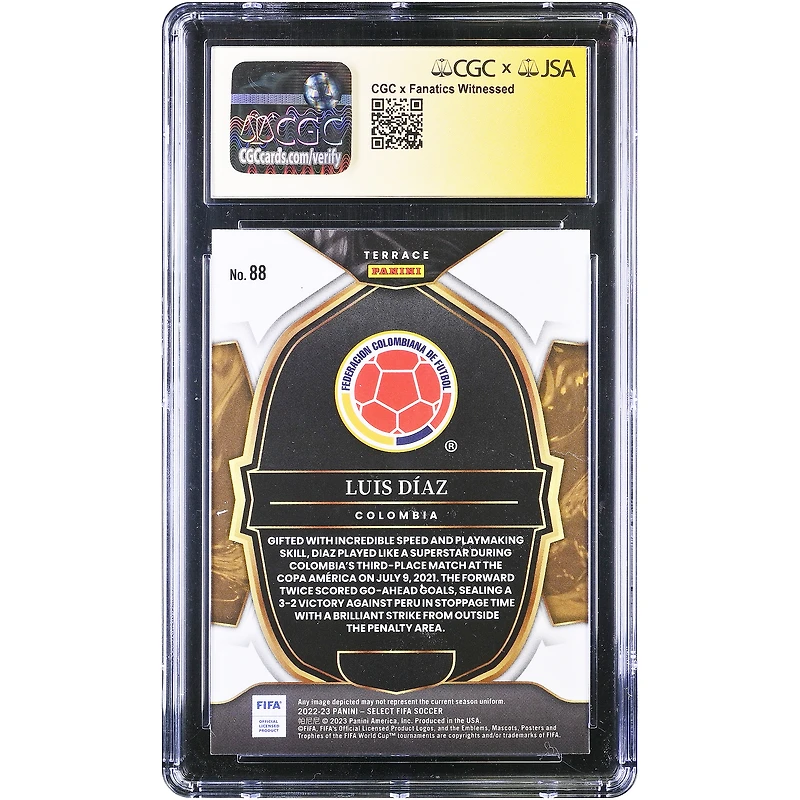 Carte autographiée de Luis Diaz, équipe nationale de Colombie, Panini Select FIFA Terrace 2022-23, n° 88, authentifiée par CGC (9,5/10).