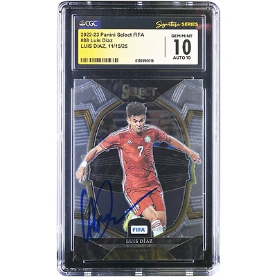 Carte autographiée de Luis Diaz (équipe nationale de Colombie) Panini Select FIFA Terrace 2022-23 n° 88, certifiée 10/10 par Fanatics Witnessed (CGC).