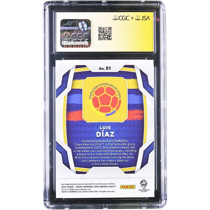 Carte autographiée de Luis Diaz, équipe nationale de Colombie, Panini Prizm Copa America 2024 n° 51, authentifiée par CGC Fanatics Witnessed (10/10).