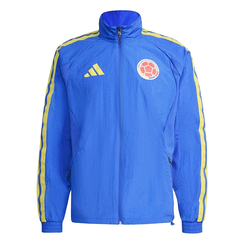 Veste de match adidas bleue pour homme, équipe nationale Colombie, domicile 2026, fermeture éclair intégrale, modèle « hymne national ».
