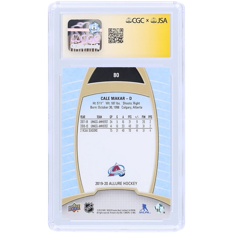 Carte recrue autographiée 2019-20 Upper Deck Allure #80 de Cale Makar Colorado Avalanche, fanatiques de CGC, authentifiée et témoin de la carte Auto 10
