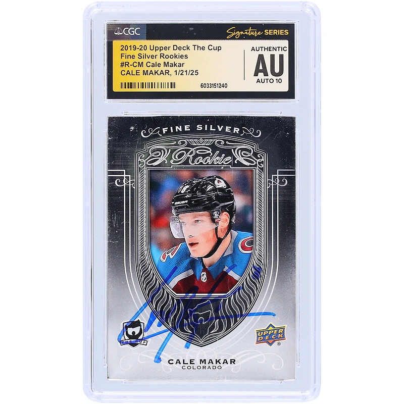 Cale Makar Colorado Avalanche Autographié 2019-20 Upper Deck The Cup Fine Silver Rookies Bar #R-CM CGC Fanatics Witnessed Authenticated Auto 10 Rookie Card