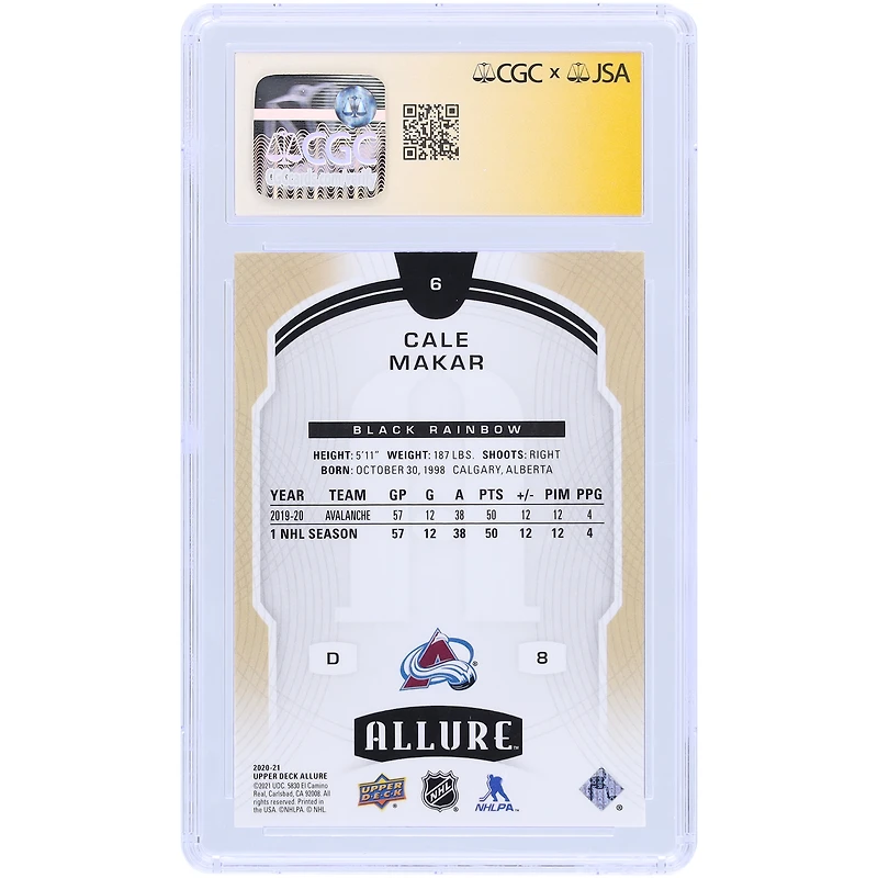 Carte autographiée 2020-21 Upper Deck Allure Black Rainbow #6 de Cale Makar Colorado Avalanche, carte authentifiée et témoin des fanatiques de CGC