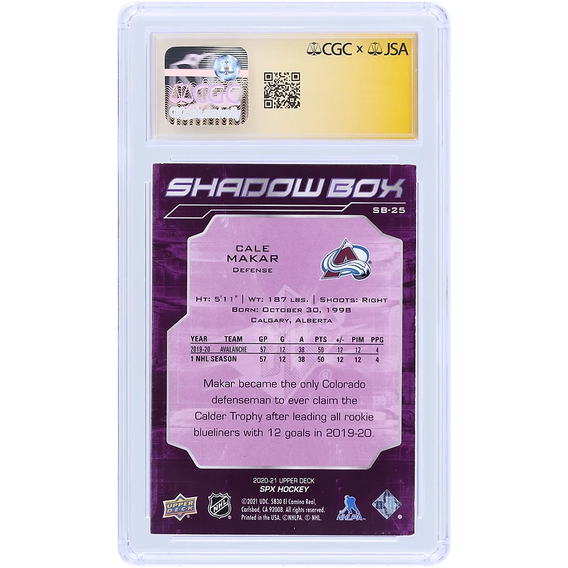 Cale Makar Colorado Avalanche Autographié 2020-21 Upper Deck SPX Shadow Box #SB-25 CGC Fanatics Witnessed Authenticated Auto 10 Card