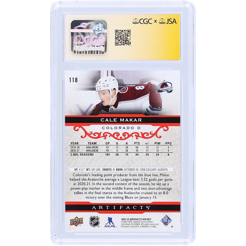 Cale Makar Colorado Avalanche Autographié 2021-22 Upper Deck Artifacts Ruby #118 #/499 CGC Fanatics Witnessed Authenticated Auto 10 Card