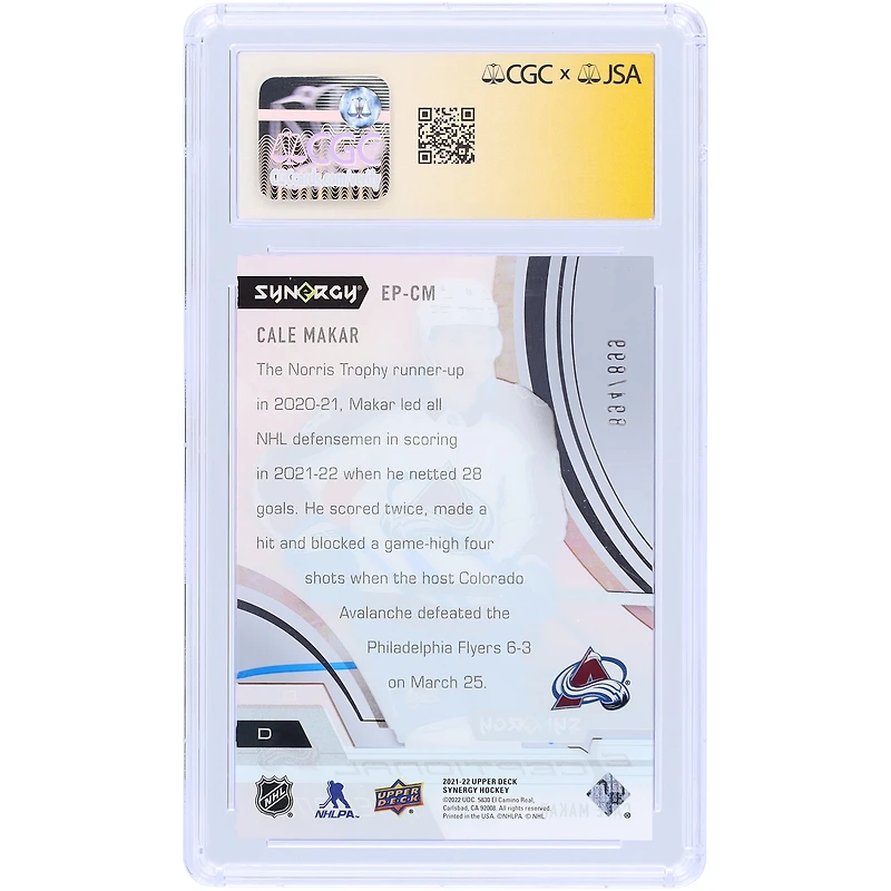 Cale Makar Colorado Avalanche Autographié 2021-22 Upper Deck Synergy Exceptional Phenoms #EP-CM #/899 CGC Fanatics Witnessed Authenticated 9/10 Card