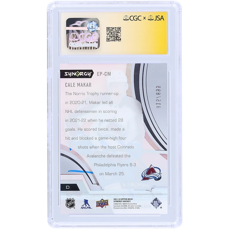 Cale Makar Colorado Avalanche Autographié 2021-22 Upper Deck Synergy Exceptional Phenoms #EP-CM #/899 CGC Fanatics Witnessed Authenticated Auto 10 Card