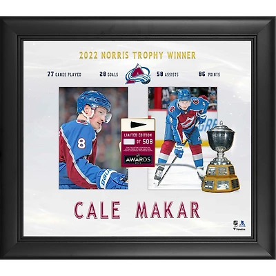 Cale Makar Colorado Avalanche encadré 15'' x 17'' Gagnant du Trophée Norris 2022 avec un morceau de rondelle utilisée lors du match - Édition limitée à 508