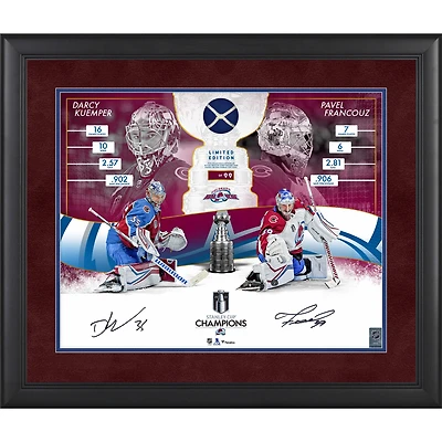 Collage encadré autographié de 16" x 20" de Darcy Kuemper et Pavel Francouz de l'Avalanche du Colorado, champions de la Coupe Stanley 2022, avec un morceau de filet utilisé lors du match de la finale de la Coupe Stanley 2022 - Édition limitée à 99