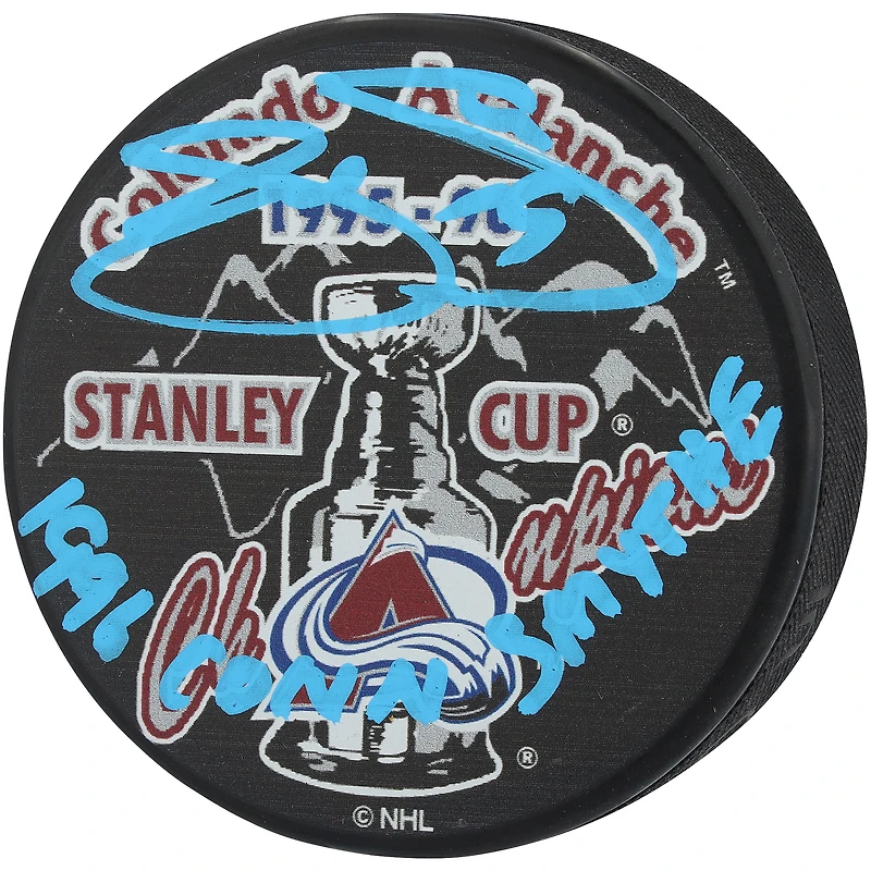 Joe Sakic Colorado Avalanche Autographed 1996 Stanley Cup Champions Hockey Puck with "1996 Conn Smythe" Inscription