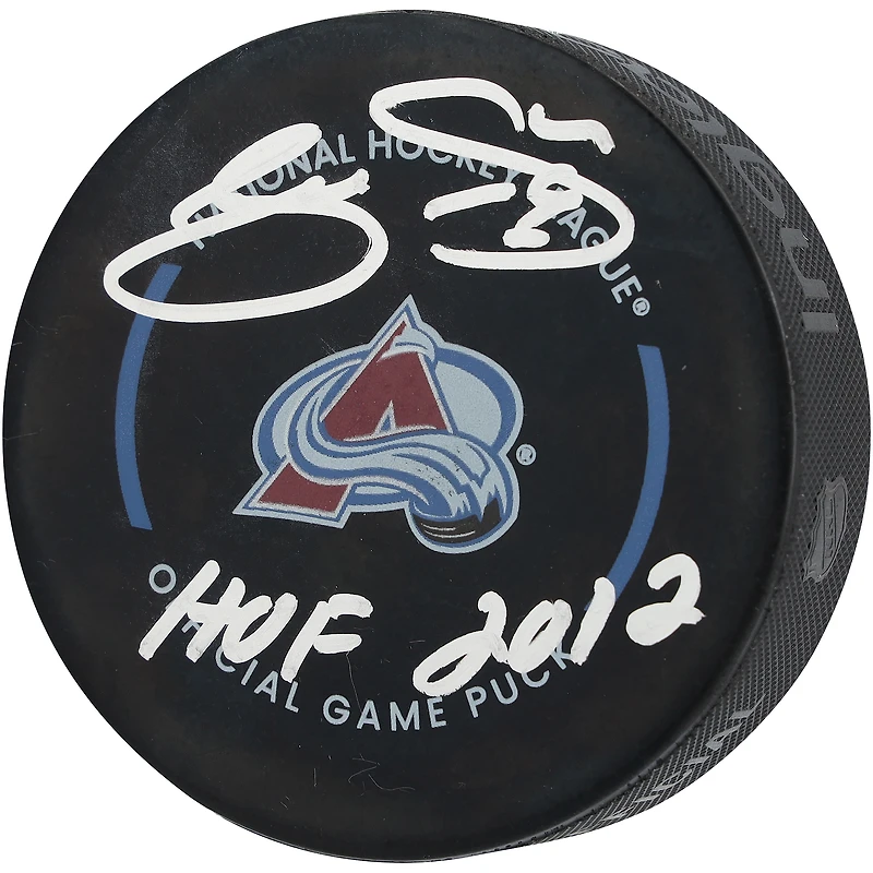 Joe Sakic Colorado Avalanche Autographed Official Game Puck with "HOF 2012" Inscription