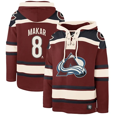 Sweat à capuche '47 Cale Makar pour hommes, bordeaux, Colorado Avalanche, nom et numéro du joueur Lacer