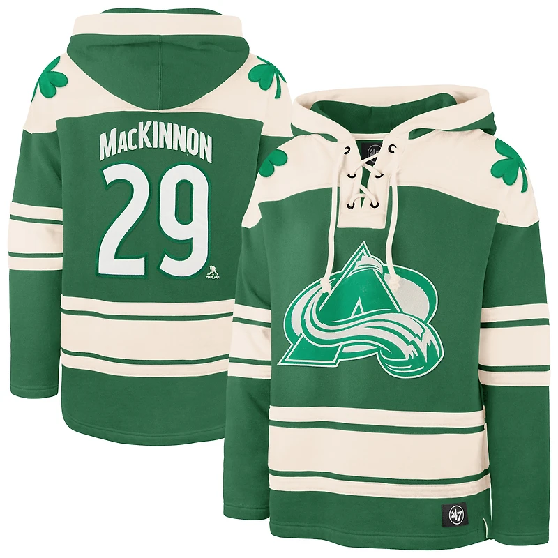 Sweat à capuche lacets avec nom et numéro de joueur la Saint-Patrick l'Avalanche du Colorado pour homme '47 Nathan MacKinnon Kelly Green