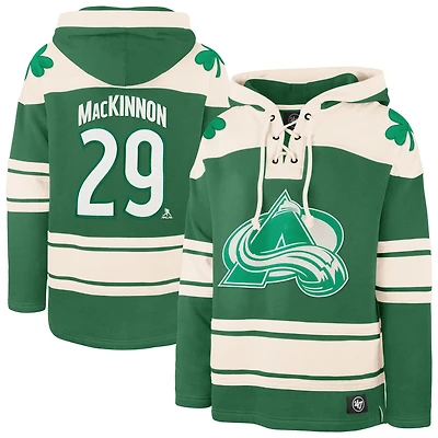 Sweat à capuche lacets avec nom et numéro de joueur la Saint-Patrick l'Avalanche du Colorado pour homme '47 Nathan MacKinnon Kelly Green