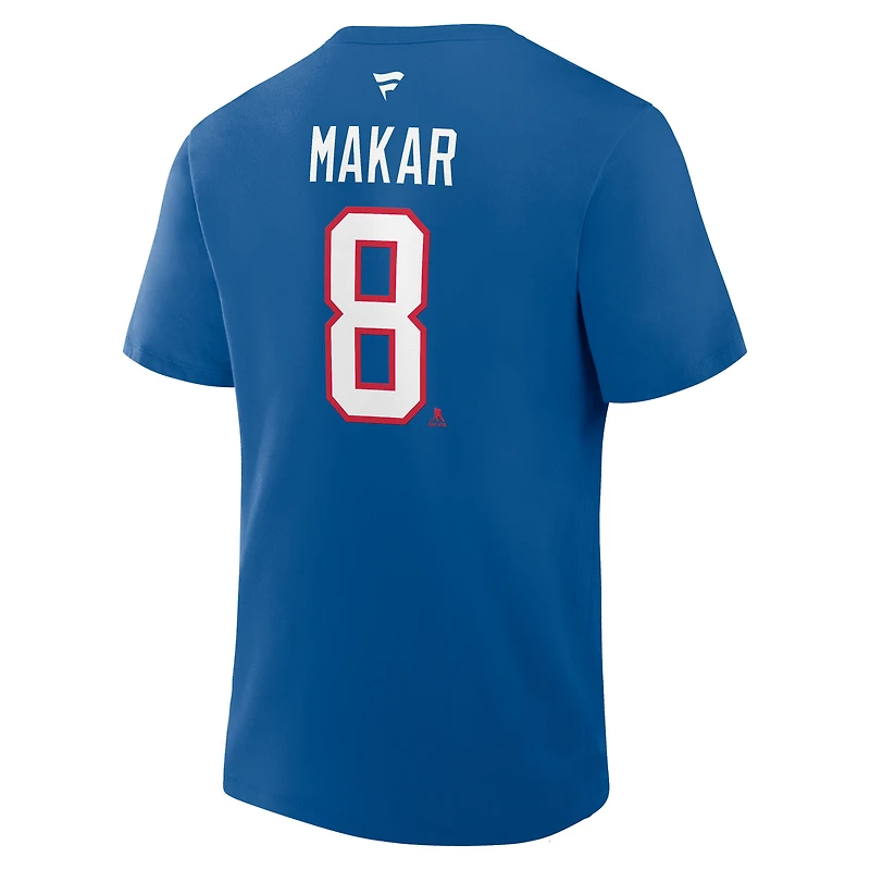 T-shirt authentique Fanatics Cale Makar bleu Colorado Avalanche avec nom et numéro